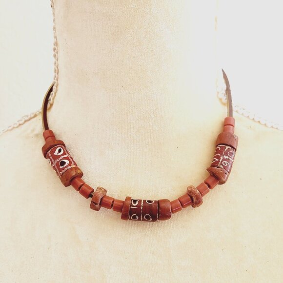 Tic Tac Toe Venetian African Trade Eye Beads Antique on Brown Cord Necklace - Picture 1 of 5